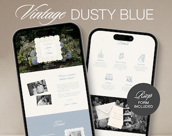 Modèle de site Web de mariage de jardin vintage bleu poussiéreux | Modifiable dans Canva avec RSVP intégré