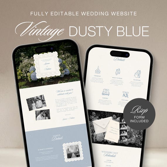 Dusty Blue Vintage Garden Wedding Website Template | Editable in Canva with Built-In RSVP