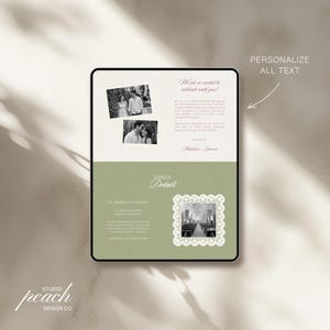 Peut inclure: Une carte d'invitation de mariage rectangulaire avec une section sup&eacute;rieure cr&egrave;me comportant deux photos de couple en noir et blanc et du texte, et une section inf&eacute;rieure vert sauge avec les d&eacute;tails du lieu, une photo de cath&eacute;drale dans un cadre en dentelle blanche et le texte PERSONALIZE ALL TEXT.