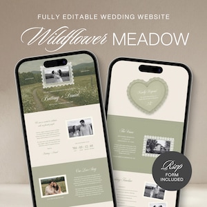 Könnte beinhalten: Zwei Smartphones zeigen eine vollständig bearbeitbare Hochzeits-Website-Vorlage mit dem Titel Wildflower Meadow. Die Bildschirme zeigen salbeigrüne und cremefarbene Layouts mit Schwarz-Weiß-Fotos, Spitzenrahmen, Textabschnitten und einem runden RSVP-Formular-Badge.