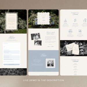 May include: A digital wedding invitation website template featuring a light cream and dusty blue color palette. The layout includes sections for RSVP forms, venue details, wedding day schedules, and photo galleries, all decorated with floral motifs.