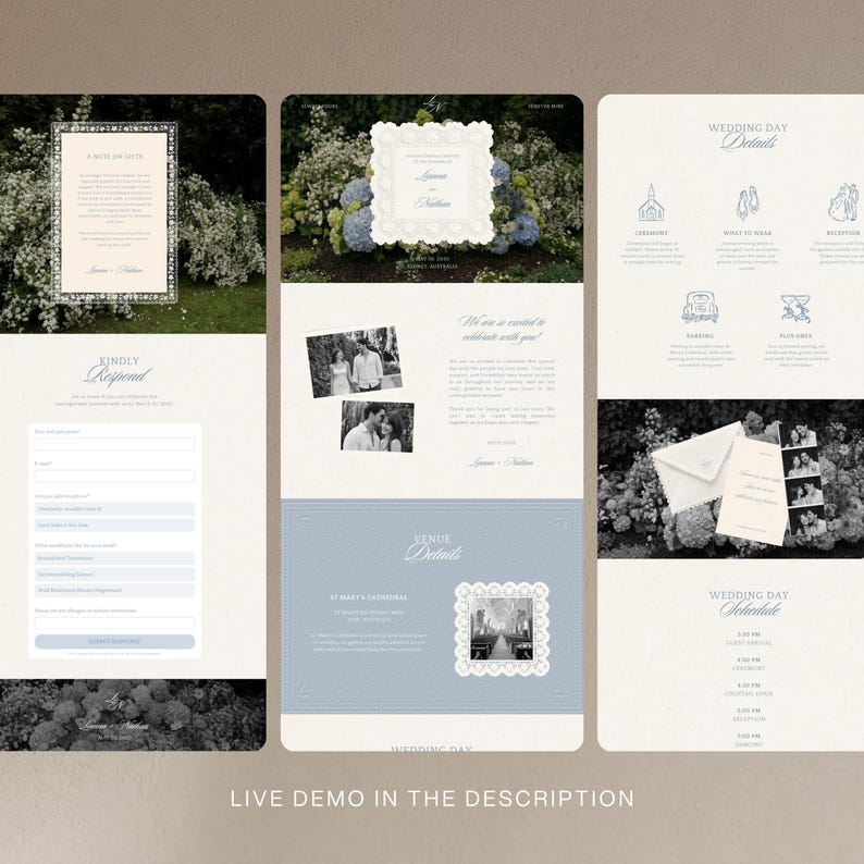 May include: A digital wedding invitation website template featuring a light cream and dusty blue color palette. The layout includes sections for RSVP forms, venue details, wedding day schedules, and photo galleries, all decorated with floral motifs.