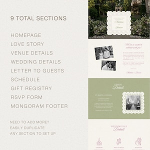 Peut inclure: Un mod&egrave;le de site web de mariage num&eacute;rique comprenant 9 sections : Homepage, Love Story, Venue Details, Wedding Details, Letter to Guests, Schedule, Gift Registry, RSVP Form et Monogram Footer. La mise en page inclut des cadres festonn&eacute;s blancs, des photos en noir et blanc et des accents vert sauge.