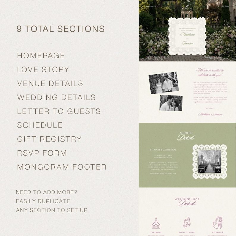 Peut inclure: Un mod&egrave;le de site web de mariage num&eacute;rique comprenant 9 sections : Homepage, Love Story, Venue Details, Wedding Details, Letter to Guests, Schedule, Gift Registry, RSVP Form et Monogram Footer. La mise en page inclut des cadres festonn&eacute;s blancs, des photos en noir et blanc et des accents vert sauge.