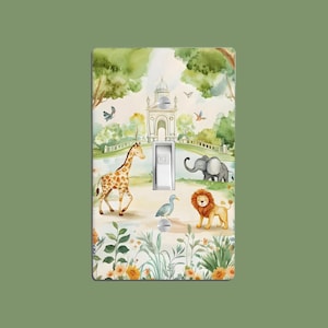 Safari Animals At The Park Light Switch Cover, Whimsical Elephant, Giraffe, Lion Nursery Decor, Neutral Baby Wall Accent, Floral Nursery Art