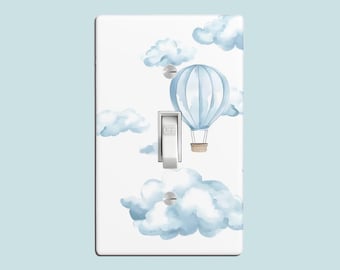 Dreamy Hot Air Balloon Nursery Switch Plate, Nursery Wall Light & Outlet Cover, Cute Cloud Wall Accent, Cozy Baby Room, Gray Blue Boho Decor