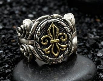 Fleur De Lis Ring: Adjustable 925 Sterling Silver Gold Gothic Jewelry