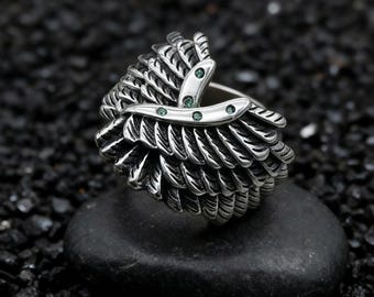 Angel Wing Feather Ring, Green Gemstone 925 Sterling Silver, Adjustable