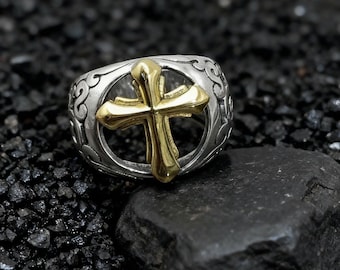 Sterling Silver Gold Cross Ring: Gothic Biker Style Adjustable Band