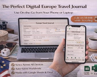 Digital Europe Travel Journal Spreadsheet | Automated Trip Tracker (Excel & Google Sheets)