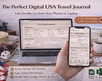Digital USA Travel Journal Spreadsheet | Automated Trip Tracker (Excel & Google Sheets)