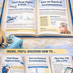 May include: An open book with travel tips. The top pages read "Find Cheap Flights & Deals" and "Save on Hotels & Accommodations." Below, the text reads "Inside, You'll Discover How To..." with additional travel advice.