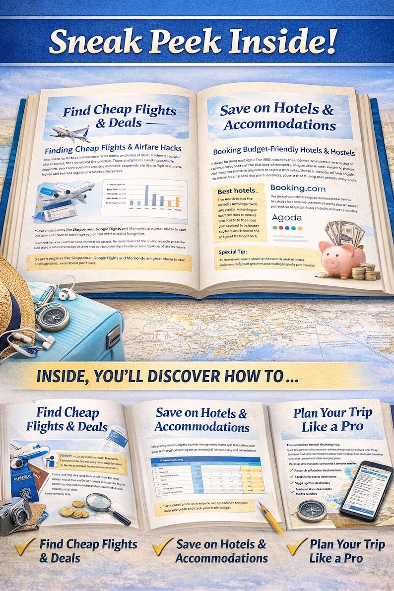 May include: An open book with travel tips. The top pages read "Find Cheap Flights & Deals" and "Save on Hotels & Accommodations." Below, the text reads "Inside, You'll Discover How To..." with additional travel advice.