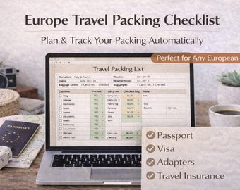 Europe Travel Packing Checklist Spreadsheet | Editable