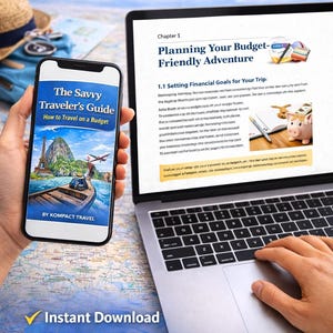 May include: A smartphone displays "The Savvy Traveler's Guide" with a travel scene, next to a laptop showing travel planning text. The image promotes an instant download that works on all devices, with a map background.