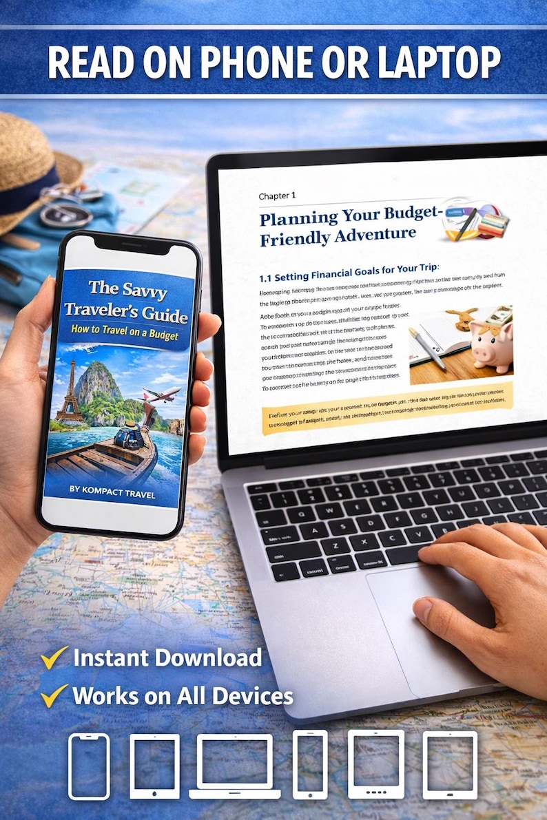 May include: A smartphone displays "The Savvy Traveler's Guide" with a travel scene, next to a laptop showing travel planning text. The image promotes an instant download that works on all devices, with a map background.