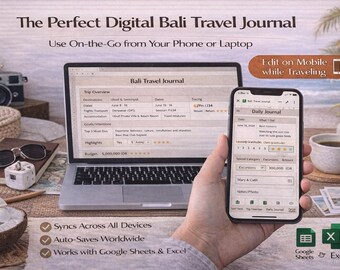 Digital BALI Travel Journal Spreadsheet | Automated Trip Tracker (Excel & Google Sheets)