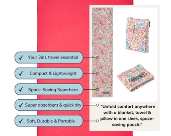 All in 1 Travel Towel Blanket Pouch | Quick Dry, Lightweight Essential (Designed in Australia)
