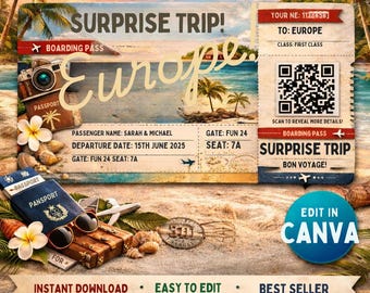 Editable Europe Surprise Trip Boarding Pass (Digital Download)