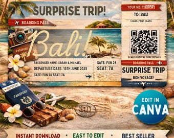 Editable Bali Surprise Trip Boarding Pass (Digital Download)