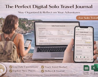 Digital SOLO Travel Journal Spreadsheet | Automated Trip Tracker (Excel & Google Sheets)