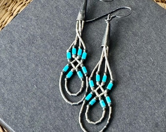 Boucles D'oreilles Vintage Bohème En Métal Argenté Et Perles Turquoise - Neuves Sans Emballage