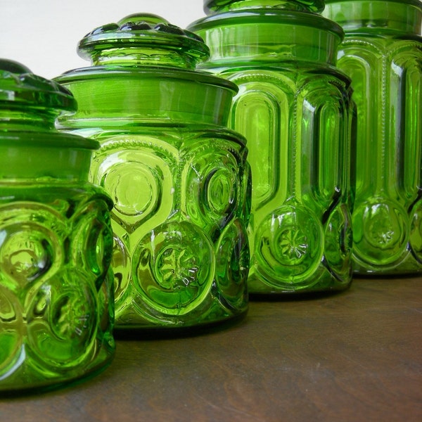 Vintage Green Glass Moon and Stars Canister Set