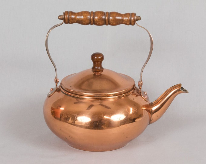 Vintage Copper Tea Kettle Wooden Handles Kitchen Decor Etsy