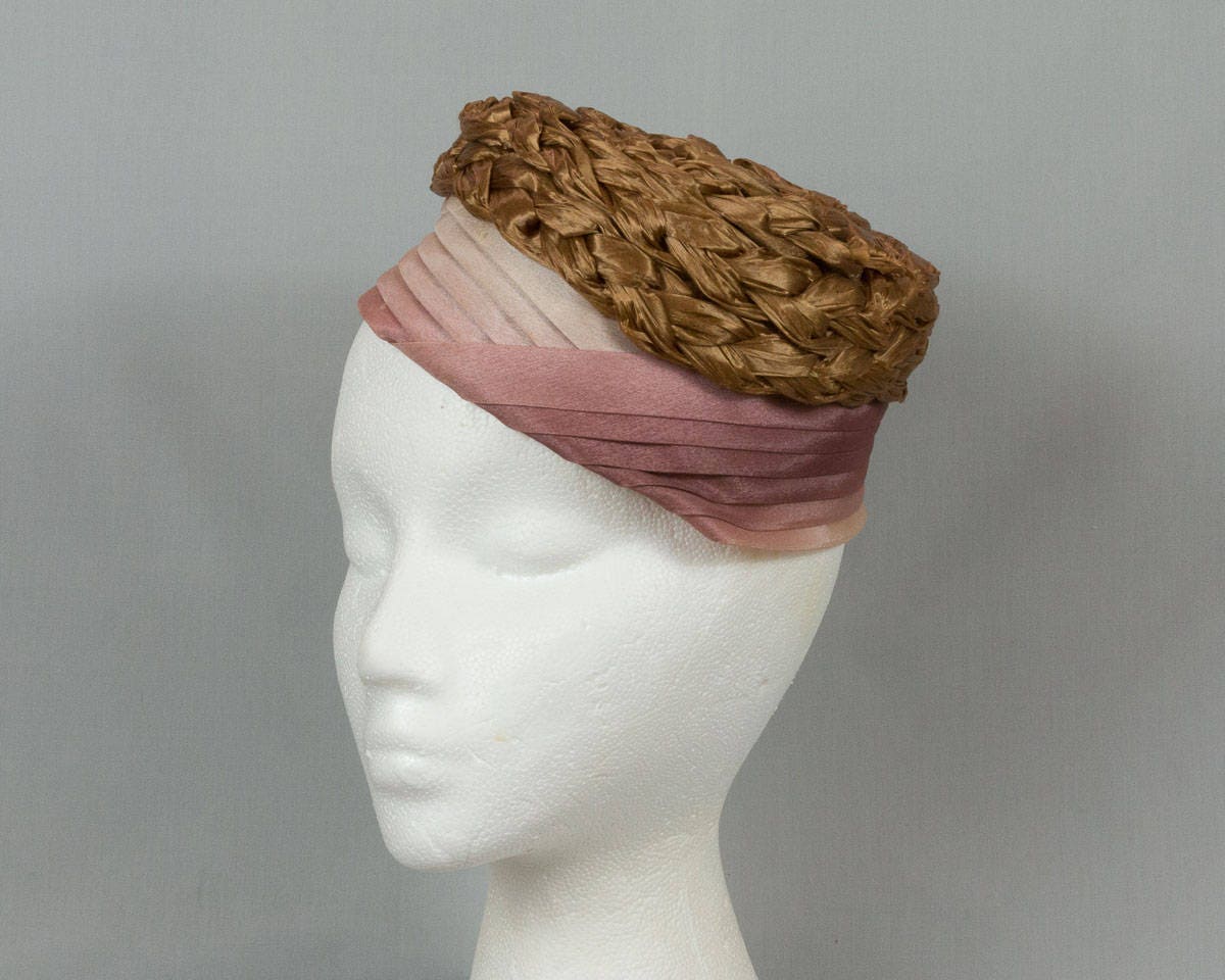 Vintage pillbox hat Braided brown rafia top Sides pleated | Etsy