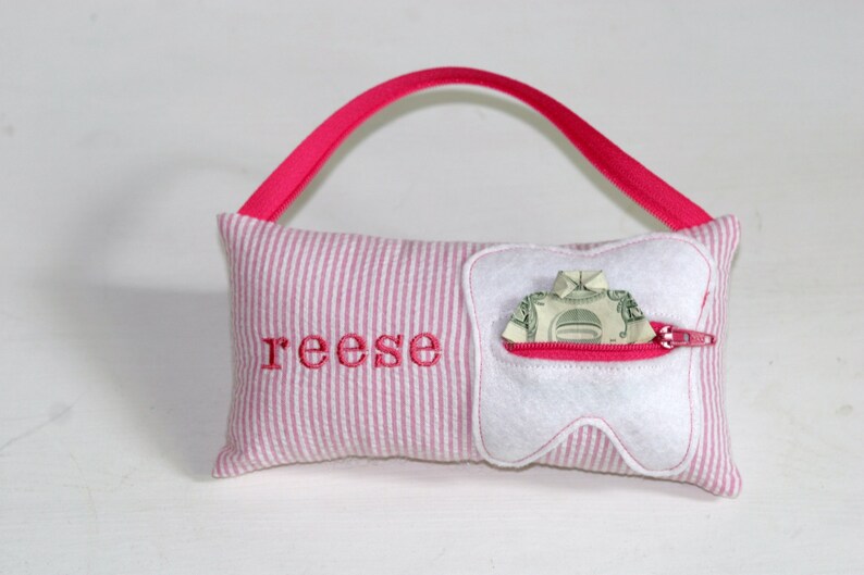 Preppy Pink Seersucker Girl's Personalized Tooth Fairy Pillows image 1