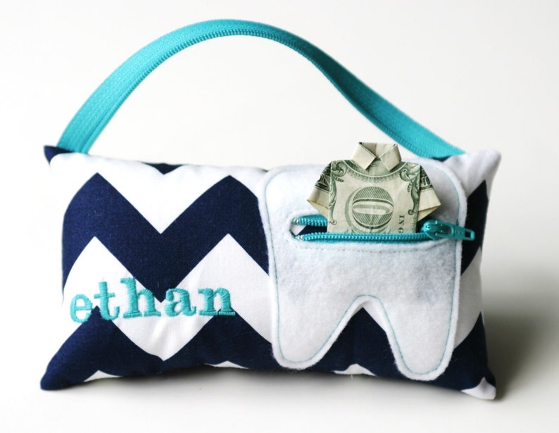 Navy Chevron Personalized Tooth Fairy Pillows image 1