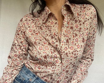 Vintage Floral Print Button-Up Long Sleeve Shirt in Beige and Brown