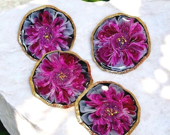 Resin Coaster Set with Tray, Pink Floral Geode Coasters, Gold Edge Drink Coasters