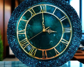 Turquoise Resin Wall Clock, Gold Roman Numerals, Crushed Glass Border, 16 Inch Statement Decor