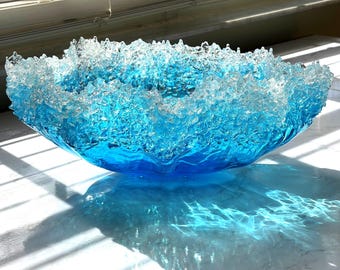 Turquoise Ocean Wave Decorative Bowl, Crushed Glass Coastal Centerpiece, Beach House Decor