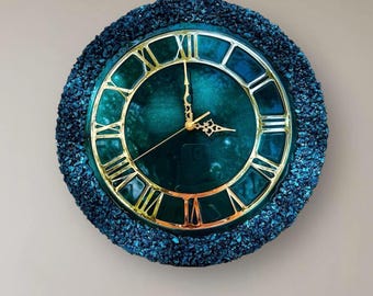Emerald Resin Wall Clock 16 Inch, Gold Roman Numerals, Handmade Statement Piece