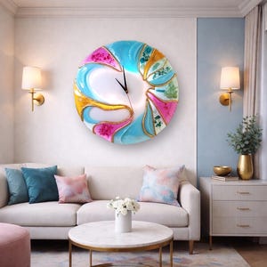 Large Blue Gold Abstract Resin Wall Clock, 20 Inch Sculptural Statement Art image 8