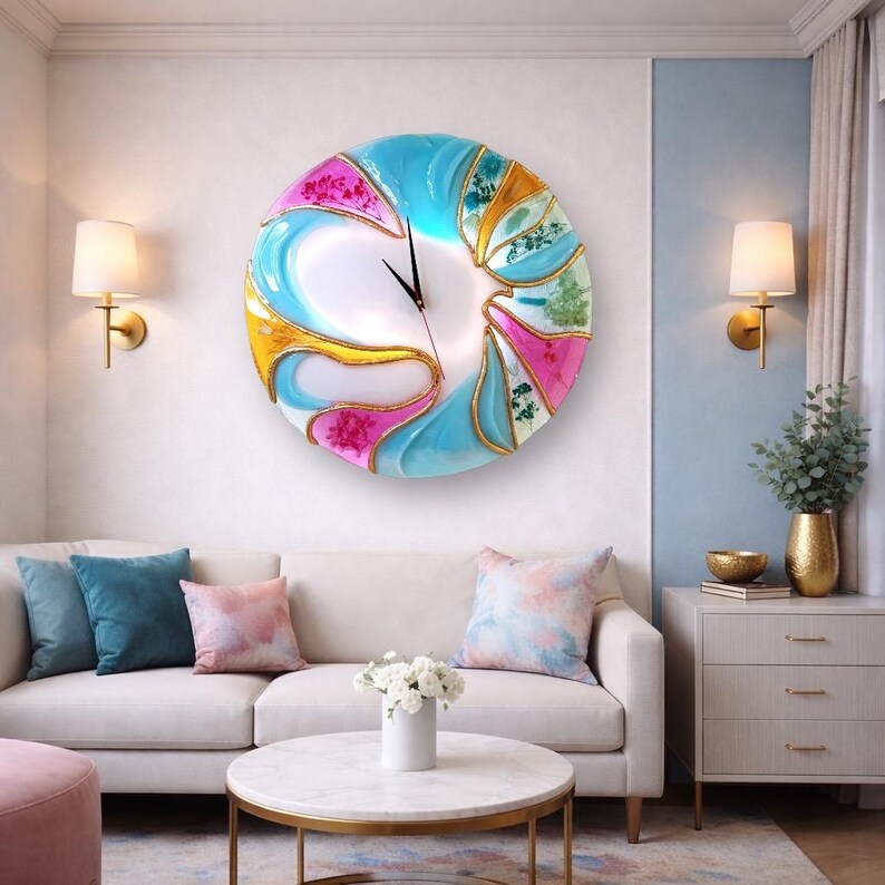 Large Blue Gold Abstract Resin Wall Clock, 20 Inch Sculptural Statement Art image 8