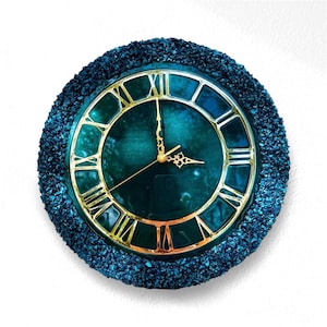 Teal Resin Wall Clock 16 Inch, Gold Roman Numerals, Handmade Statement Piece