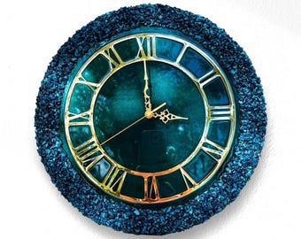 Teal Resin Wall Clock 16 Inch, Gold Roman Numerals, Handmade Statement Piece