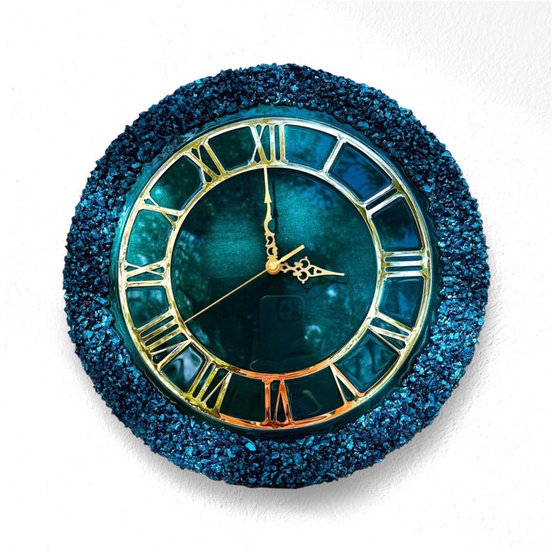 Teal Resin Wall Clock 16 Inch, Gold Roman Numerals, Handmade Statement Piece
