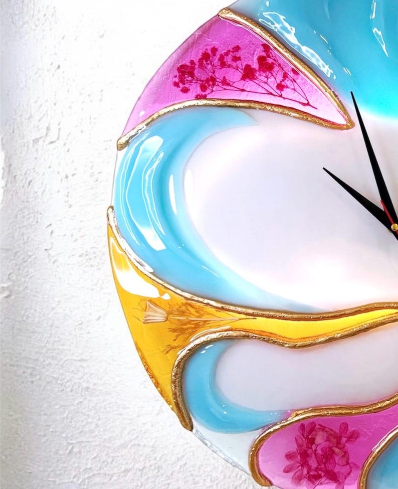 Large Blue Gold Abstract Resin Wall Clock, 20 Inch Sculptural Statement Art image 4