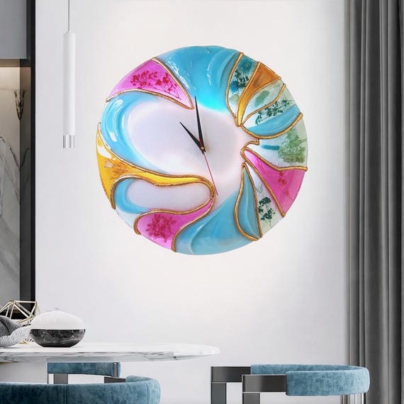 Blue Resin Wall Clock, 20 Inch Handmade Abstract Floral Modern Wall Decor