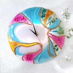 Large Blue Gold Abstract Resin Wall Clock, 20 Inch Sculptural Statement Art