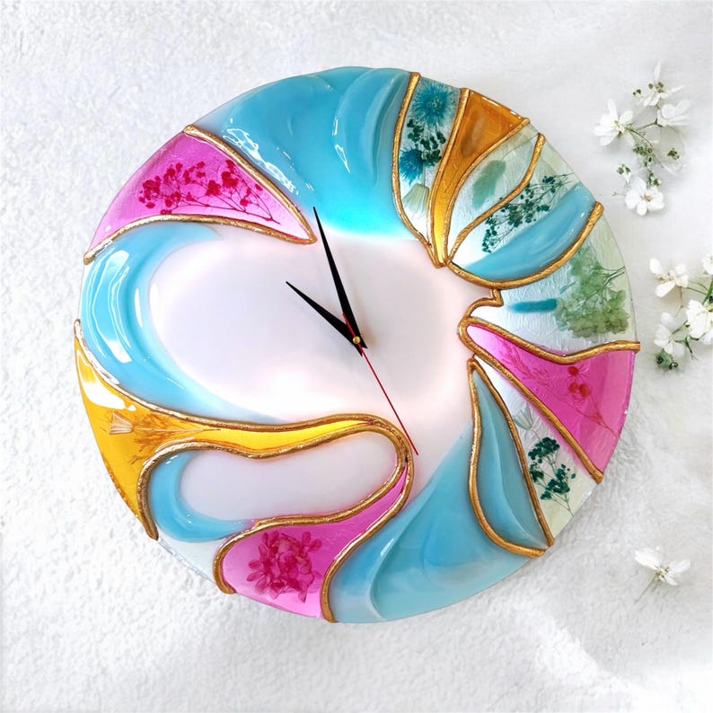 Large Blue Gold Abstract Resin Wall Clock, 20 Inch Sculptural Statement Art