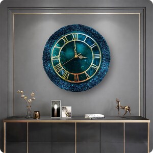 Teal Resin Wall Clock, Gold Roman Numerals, Crystal Rim, 16 Inch