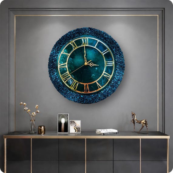 Teal Resin Wall Clock, Gold Roman Numerals, Crystal Rim, 16 Inch