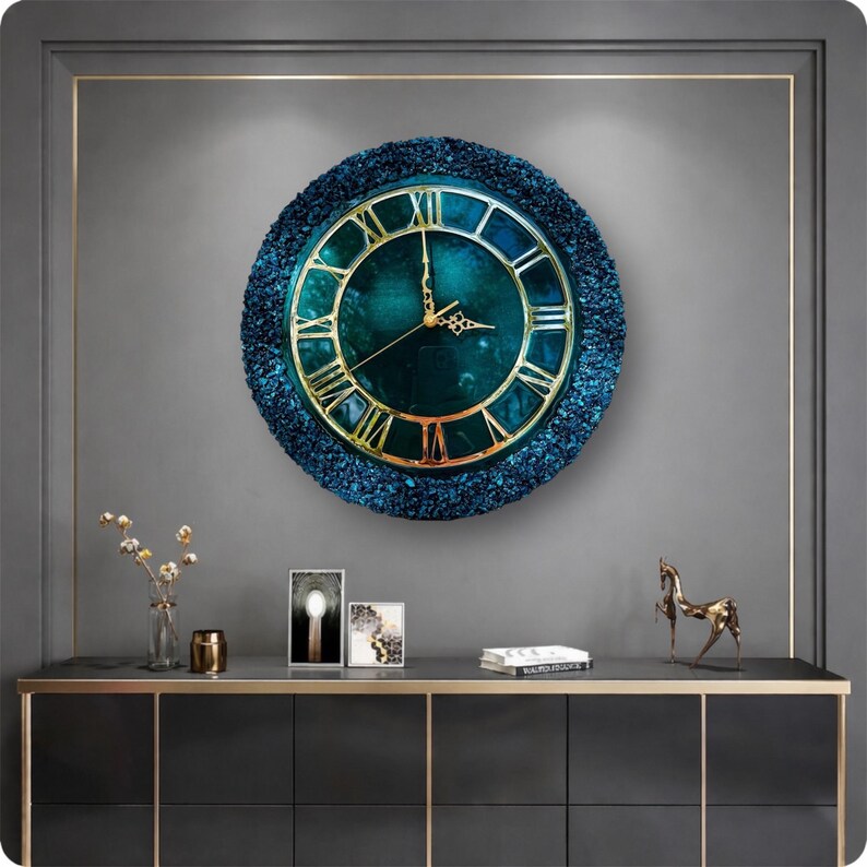 Teal Resin Wall Clock, Gold Roman Numerals, Crystal Rim, 16 Inch