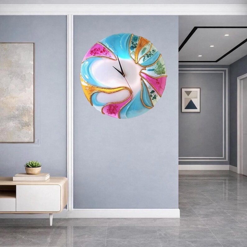 Large Blue Gold Abstract Resin Wall Clock, 20 Inch Sculptural Statement Art image 5