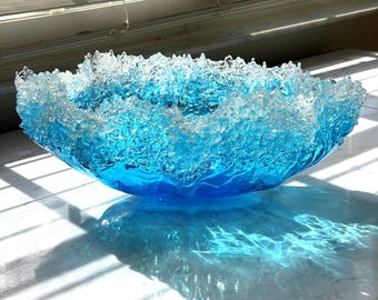Turquoise Ocean Wave Resin Bowl, Handmade Crushed Glass Coastal Centerpiece, Beach House Decor